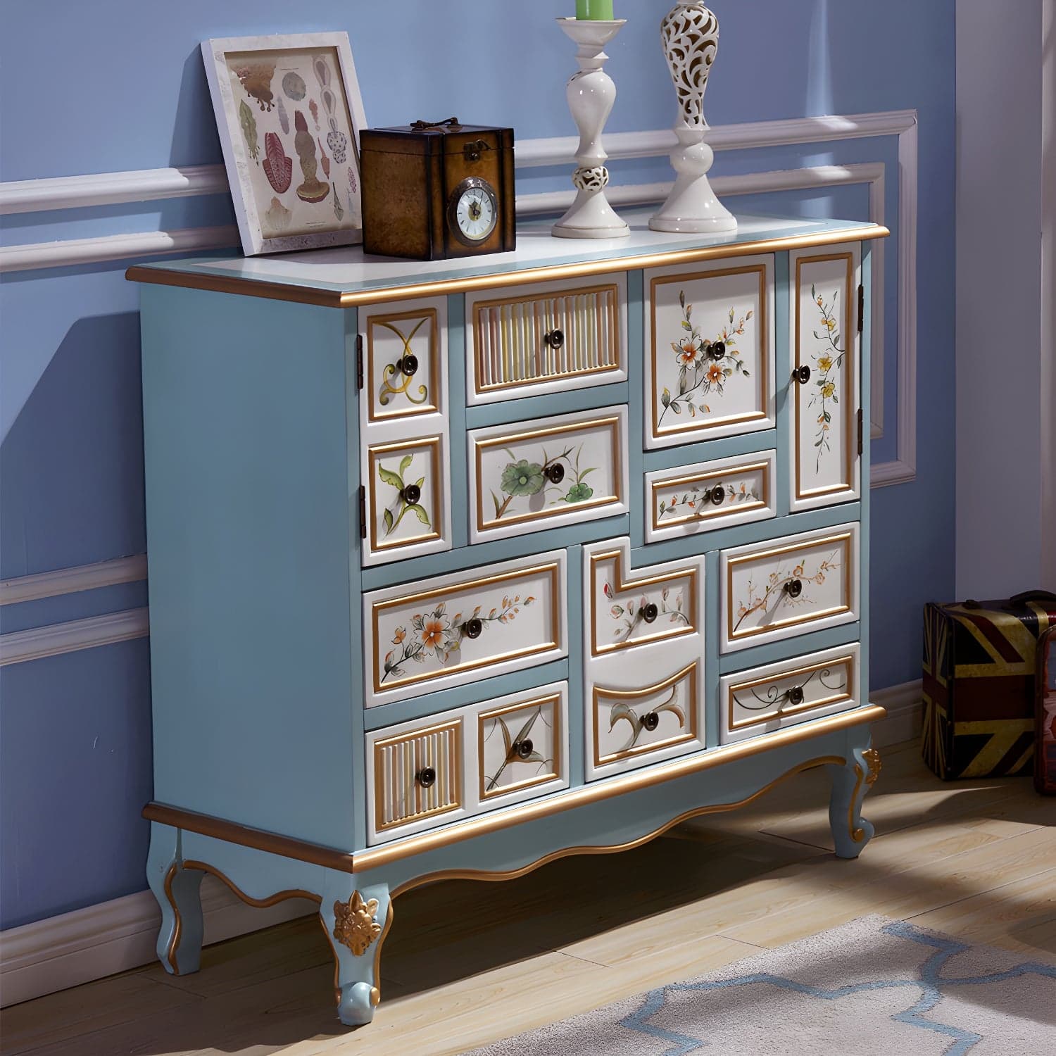 Industrial Painted Accent Cabinet with Drawers Solid Wood Chest - image 13