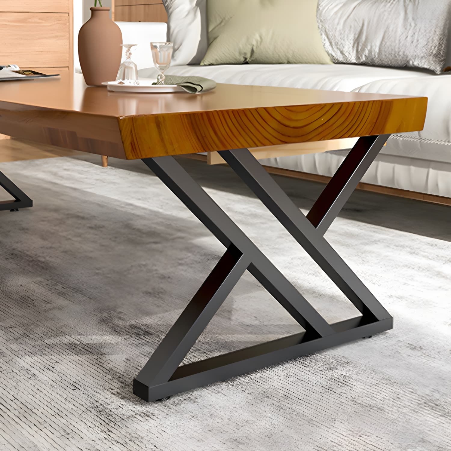 Scandinavian Rectangle Solid Wood Coffee Table Metal Sled Cocktail Table - image 4