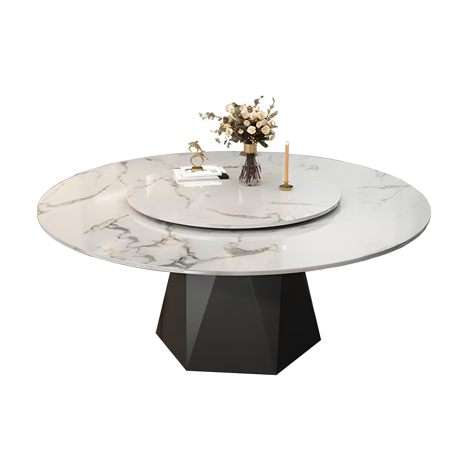 Round White Marble Modern Dining Table with Black Steel Pedestal Base and Convenient Lazy Susan - image 5