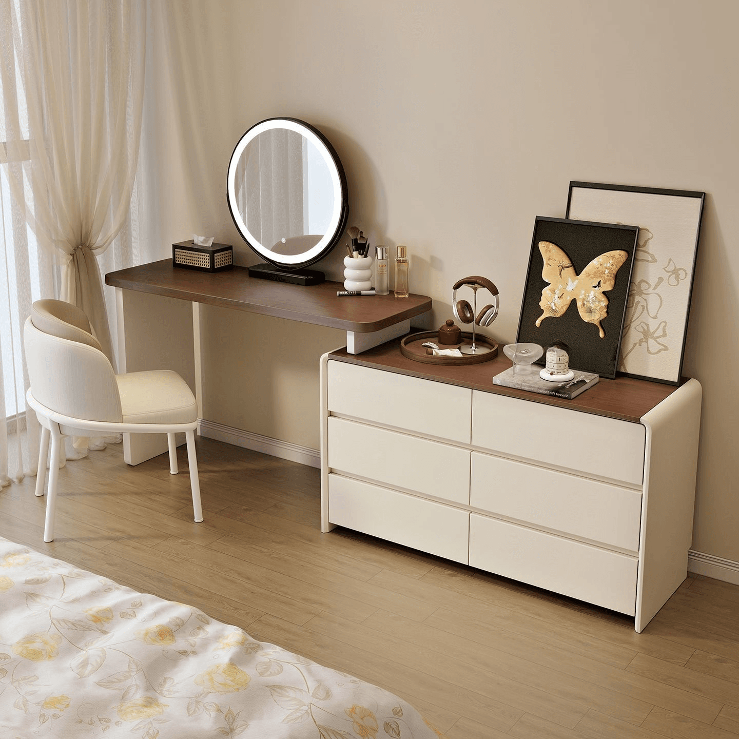 Large Vanity Set with White Seating, 6 Drawers, Mirror Lights, Seat, Lighting, and Scalable Telescopic Design - image 3