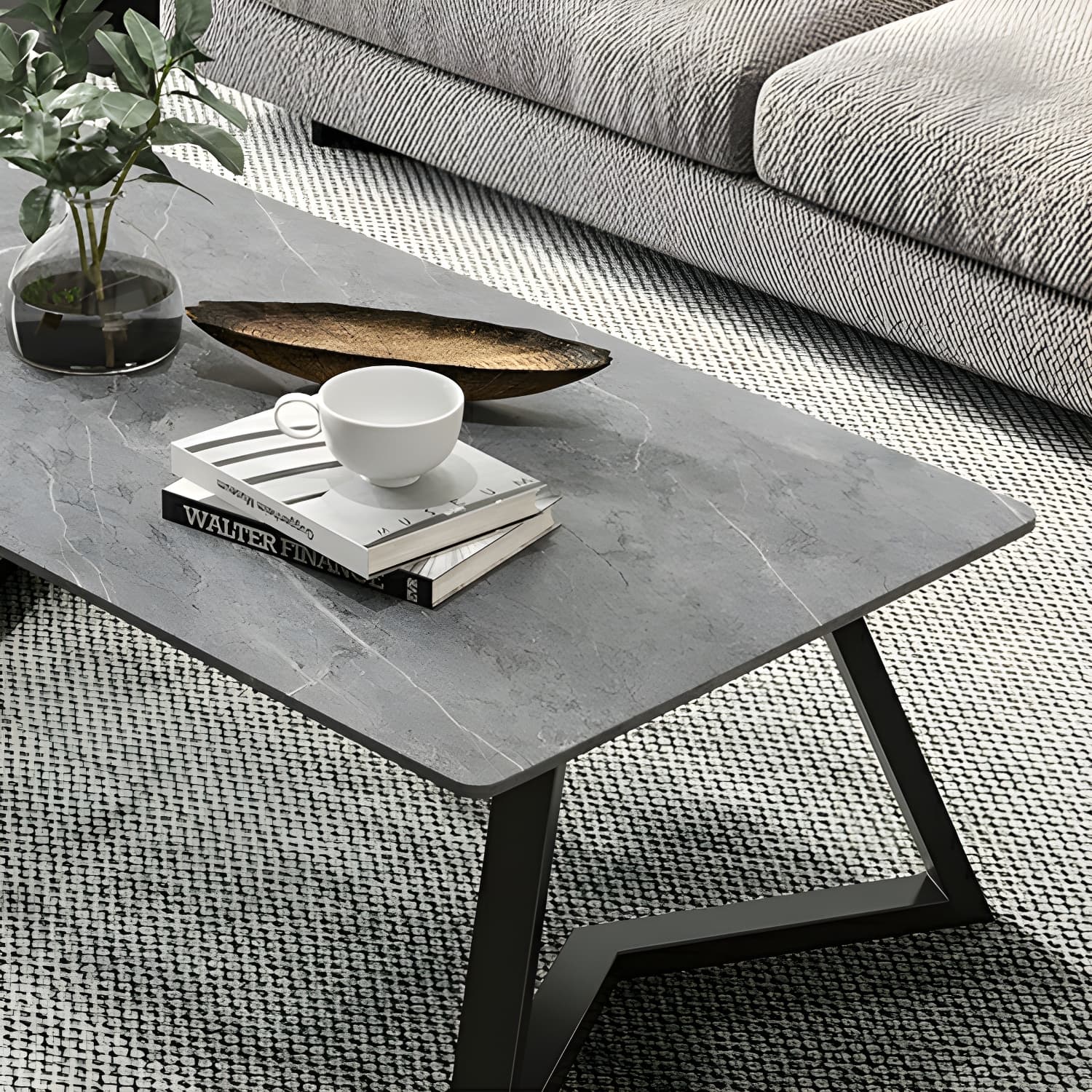 Rectangular Stone Modern Coffee Table with Black Iron Double Pedestal Base - image 7