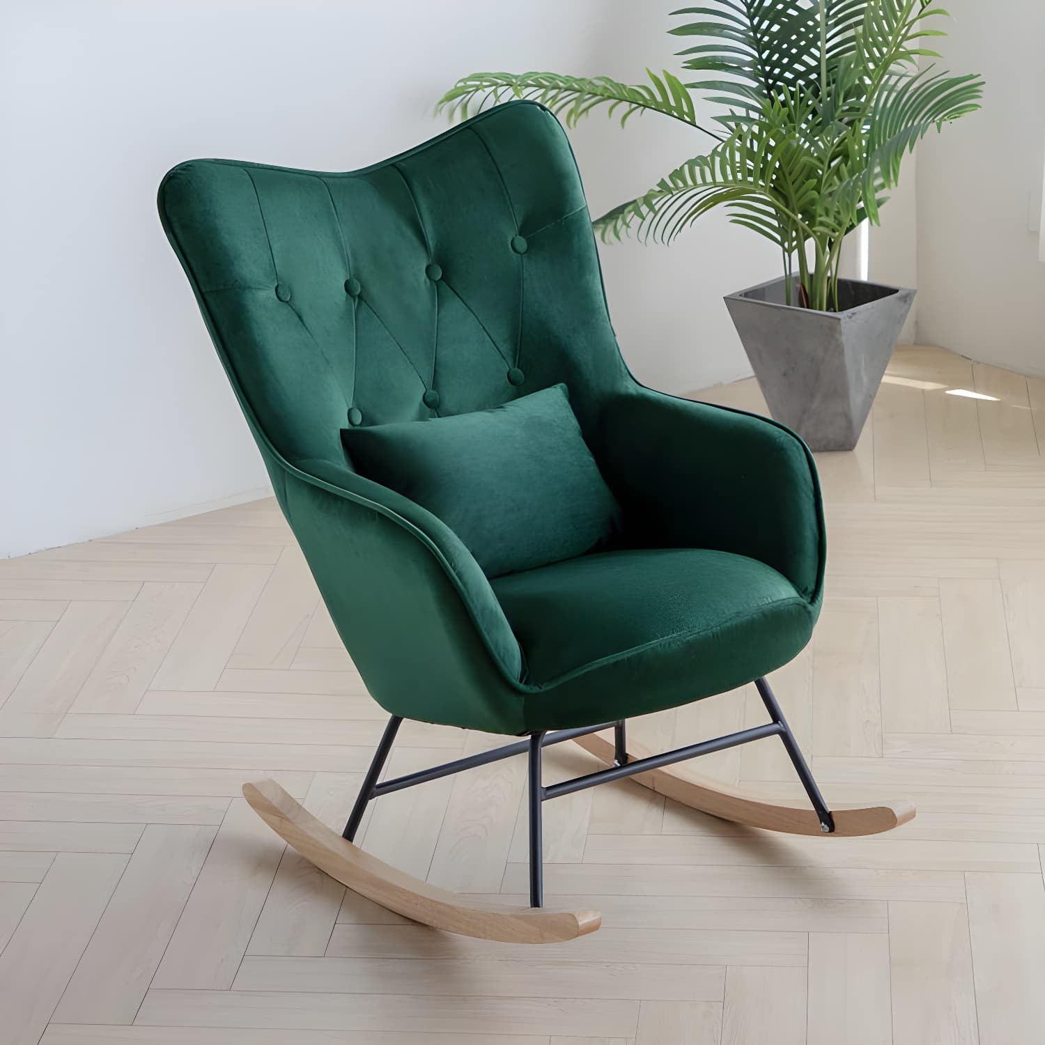 Scandinavian Rocking Chair with Wing Back and Wood Legs, Pillow Included