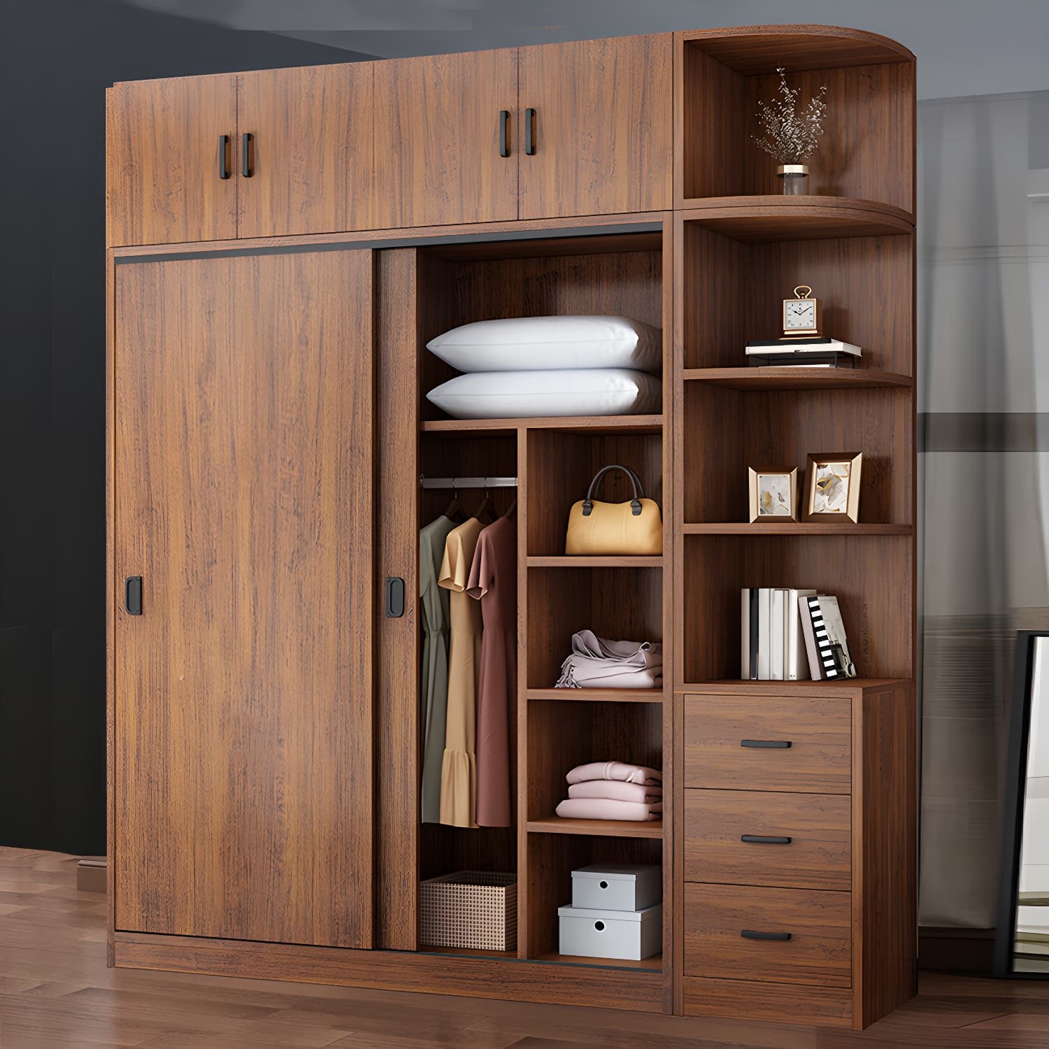 Non-Adjustable Traditional Brown Wood Wardrobe Armoire with Sliding Doors and Soft Close Drawers