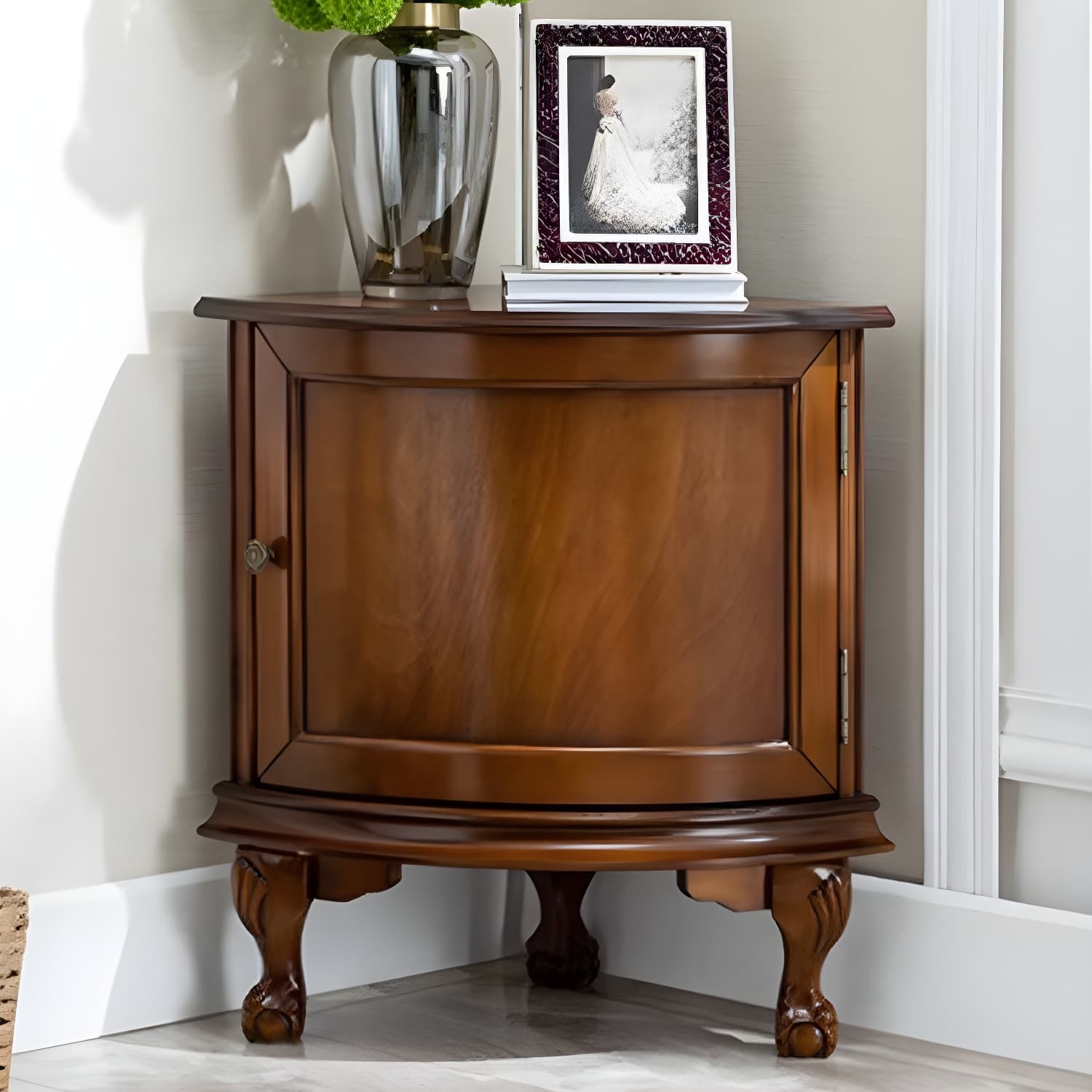 Mid-Century Modern Corner Accent Cabinet with Brown Wood Counter Top and Distressed Metal Base - image 3