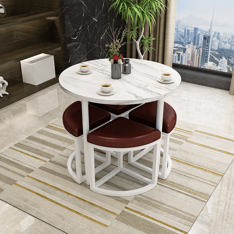 Reclaimed Wood Round Dining Table Set with Metal Toboggan Base and Upholstered Backless Chairs for 4 People - image 24