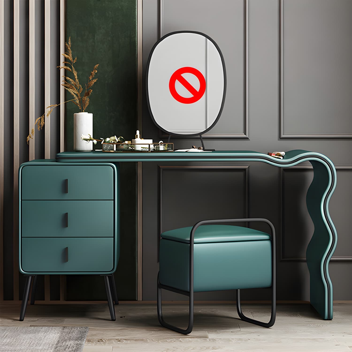 3 Drawers Make-up Vanity Set, 28.74" H Leather Vanity with Stool & Mirror