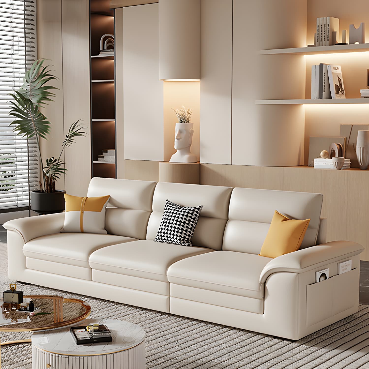 Standard Genuine Leather Sectional, Pillow Top Arm, Cushion Back, Beige, Birch Wood - image 4