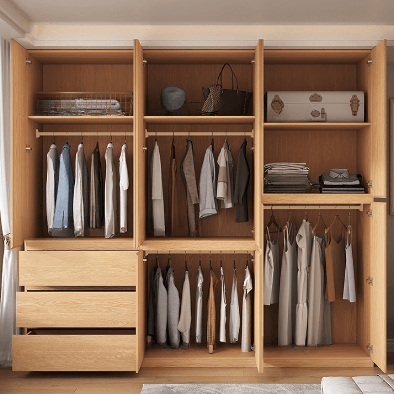 Casual Natural Finish Wood Wardrobe Closet with Soft Close Drawer, Door, Interior Shelves, and Hanging Rod
