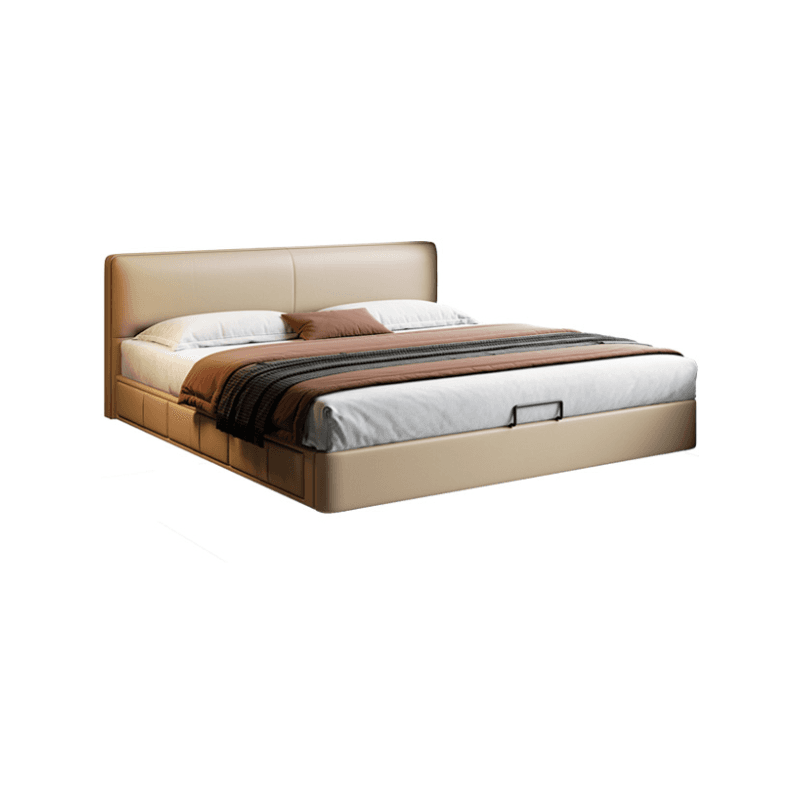 Cream Solid Color Storage Bed/Storage Panel Bed with 3 Storage Boxes, Genuine Leather Frame, Panel Headboard, and Sponge Upholstery for Living Room - image 5