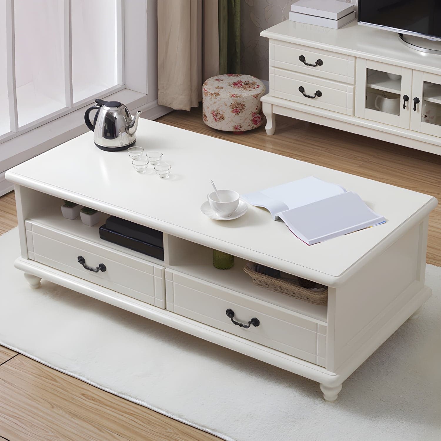 Modern Rectangular Wood Coffee Table with Drawers and Shelves for Stylish Storage - image 3