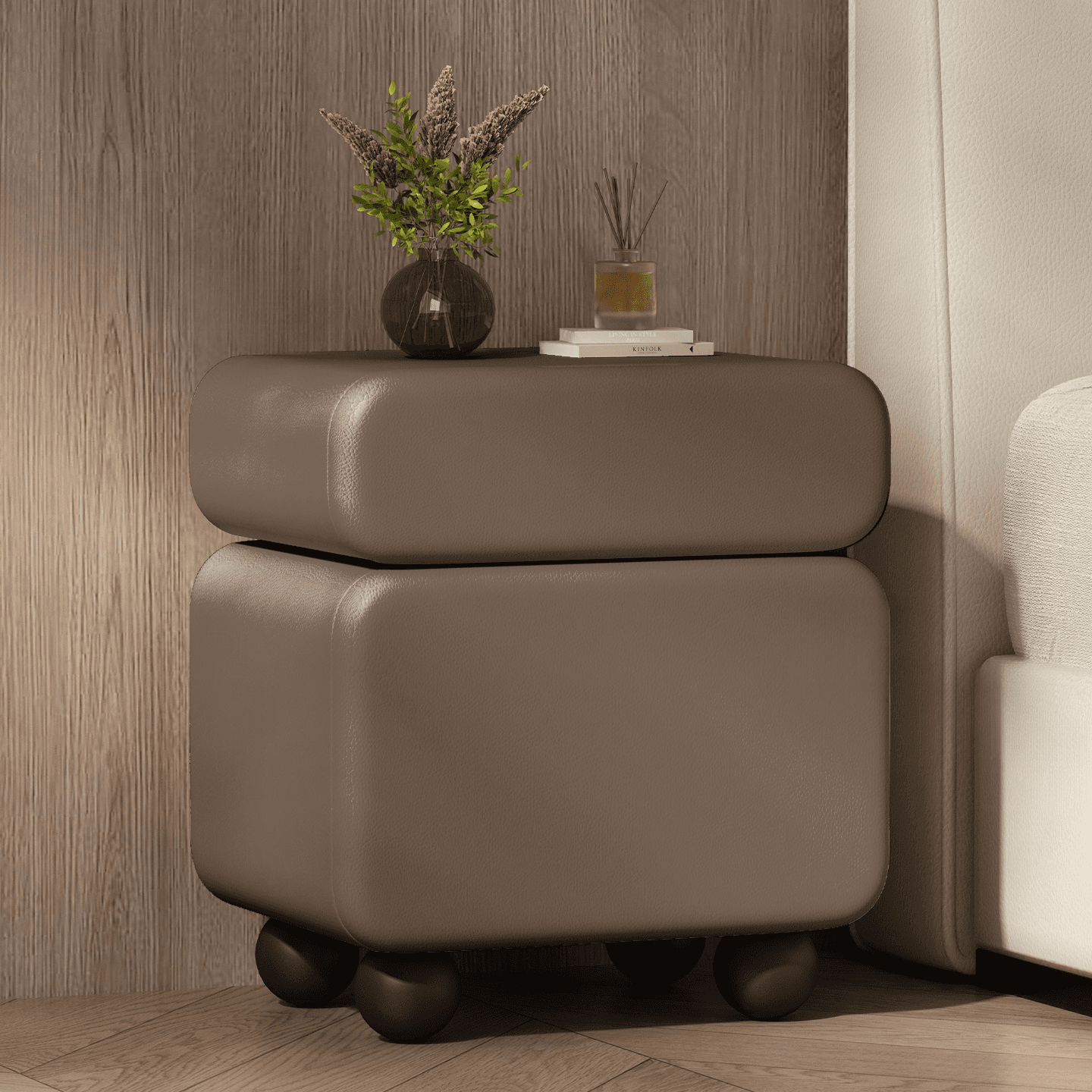 Modish Nightstand With Drawer Organization Featuring 1 Drawer, 1 Cabinet, Right Orientation, and Lumber Countertop