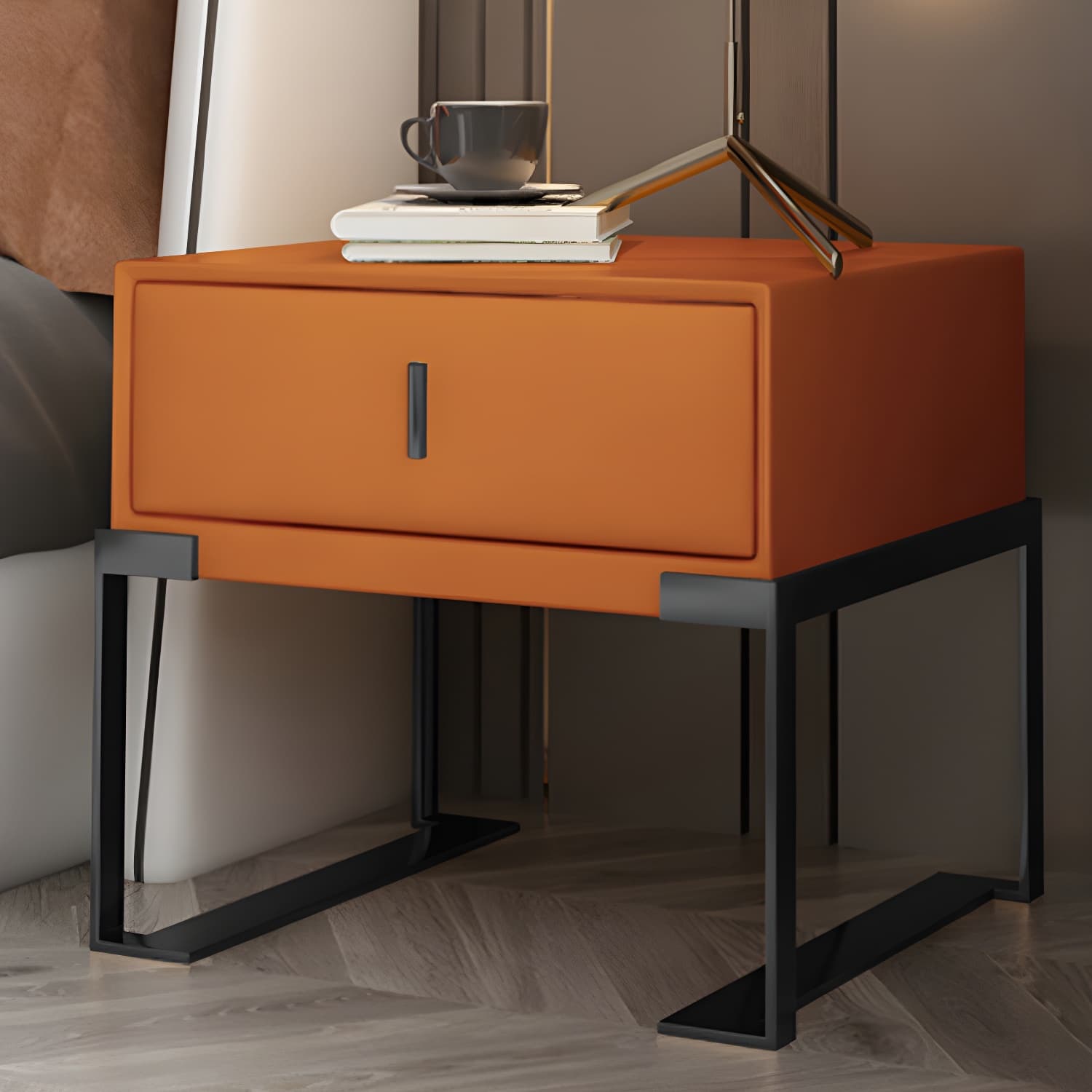 Leather 1 Drawer Nightstand Contemporary Night Table with Metal Legs - image 9