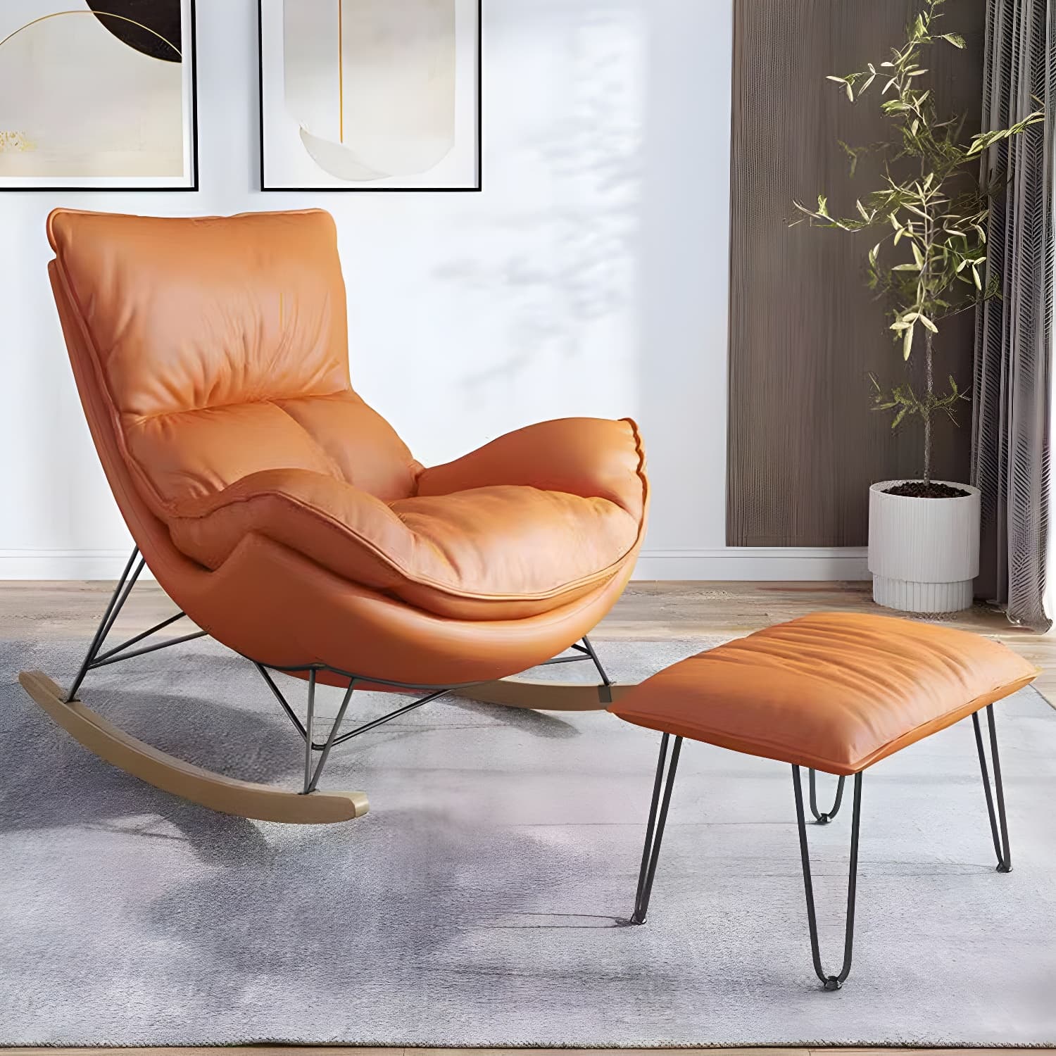 Simple Faux Leather Rocker Chair Plain Rocking Chair with Removable Cushions - image 7