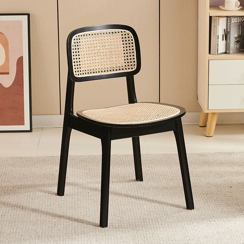 Leatherette/Wood/Rattan Entwined Balanced Armless Chair with Uncovered Back and Timber Legs in Sepia/Ink/Wood Color in a Scandinavian Style
