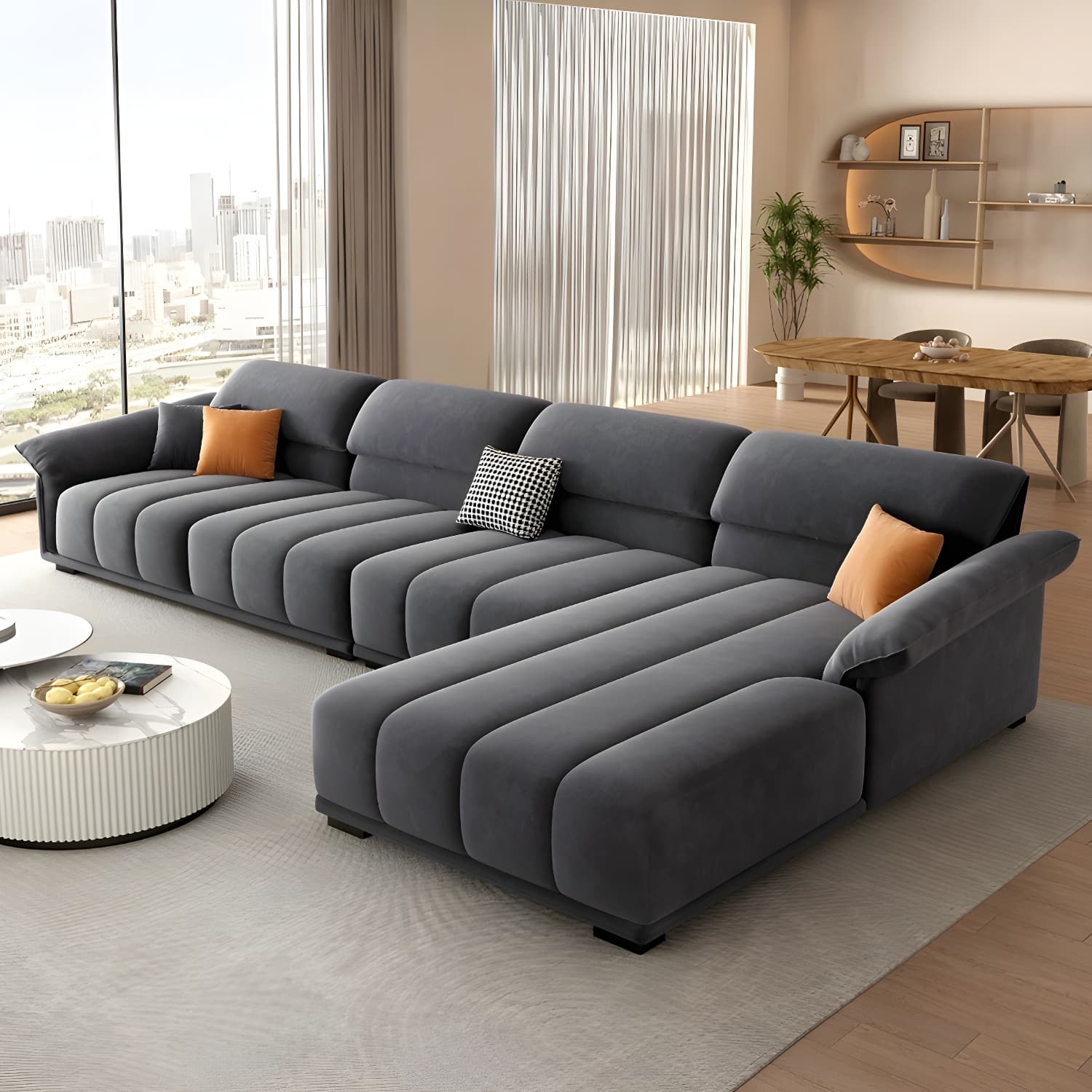 Modern Gray Velvet Sectional Sofa - Flared Arm, Plush Comfort