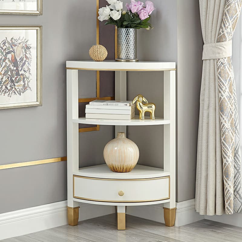 Unique Gold Beech Wood Corner Accent Cabinet with 1 Drawer and Open Shelves