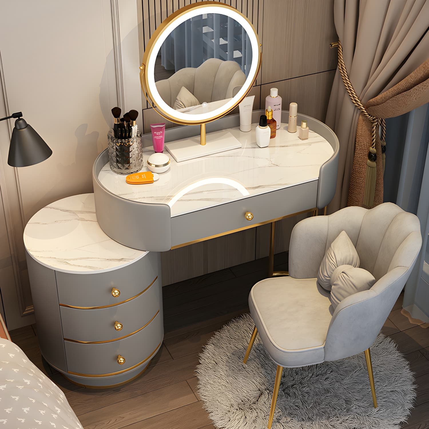 Wooden Makeup Vanity Desk Bedroom Dressing Table Stool Set with Drawer