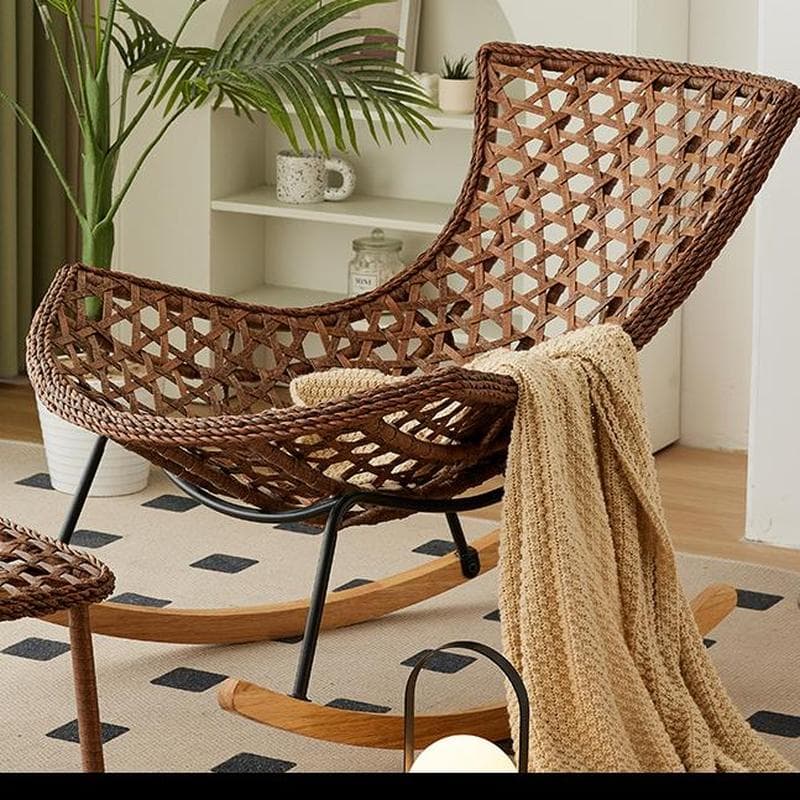 Traditional Armless Design Indoor Rocking Chair with rattan Frame and Nature Wood Legs