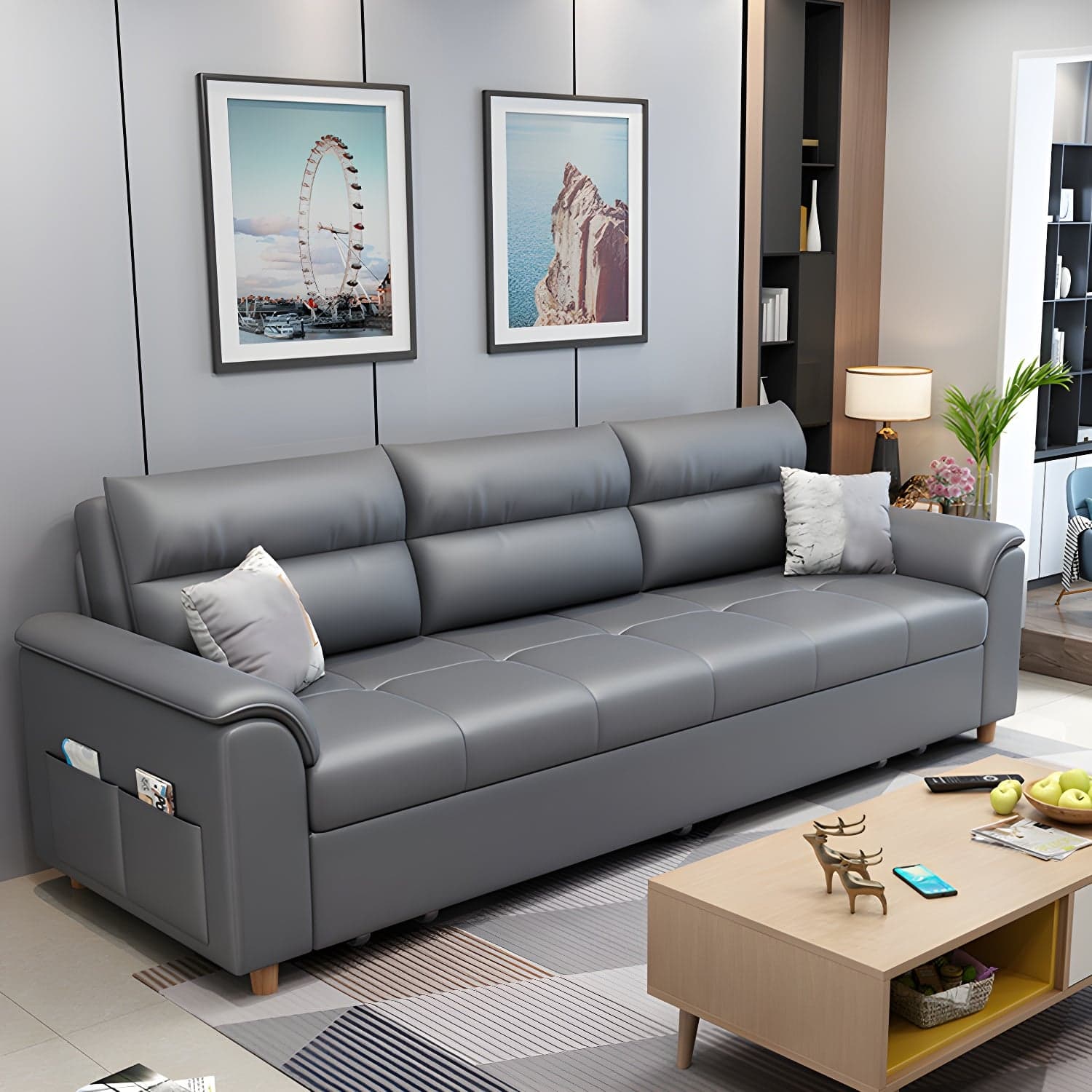 Cotton Blend and Faux Leather Biscuit Back Pillow Top Arm Couch Bed - image 4