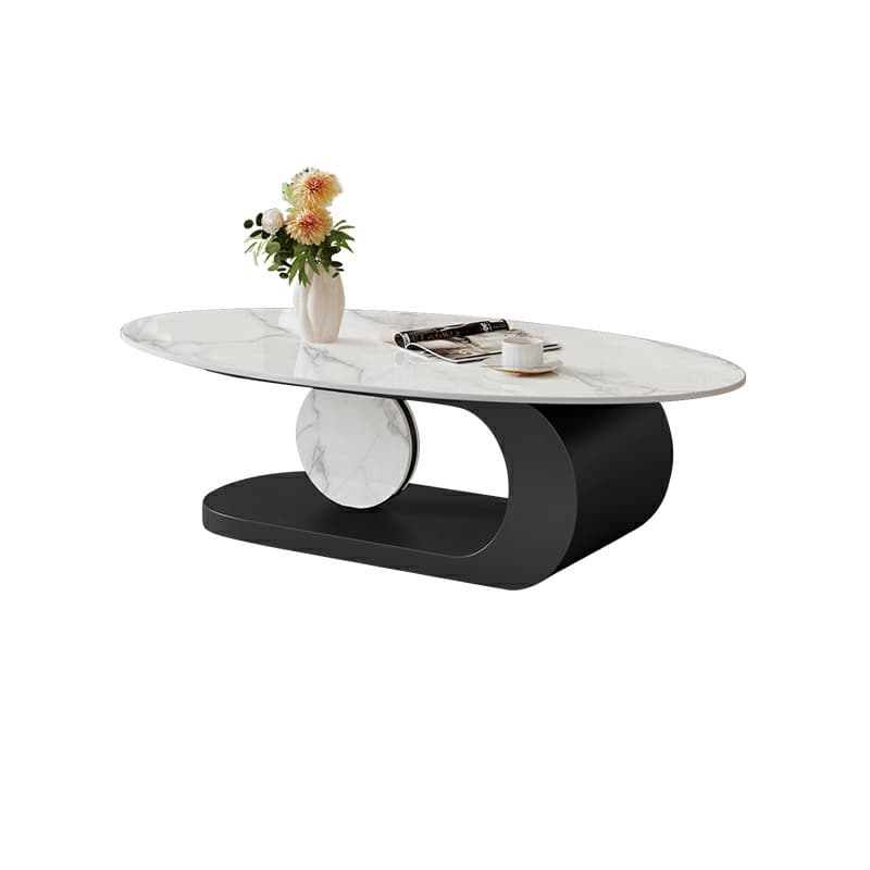 Elegant Stone Oval Coffee Table with Iron Block Base for Living Room