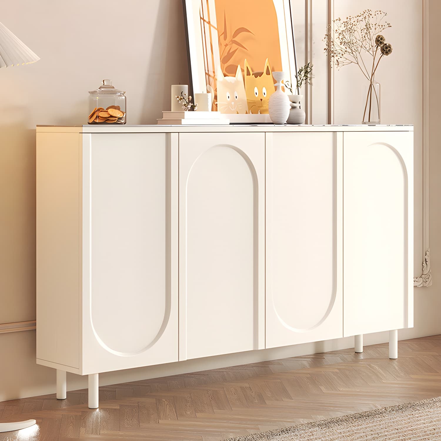 Scandinavian Wood Buffet Sideboard with Stone Countertop and Adjustable Shelves - image 4