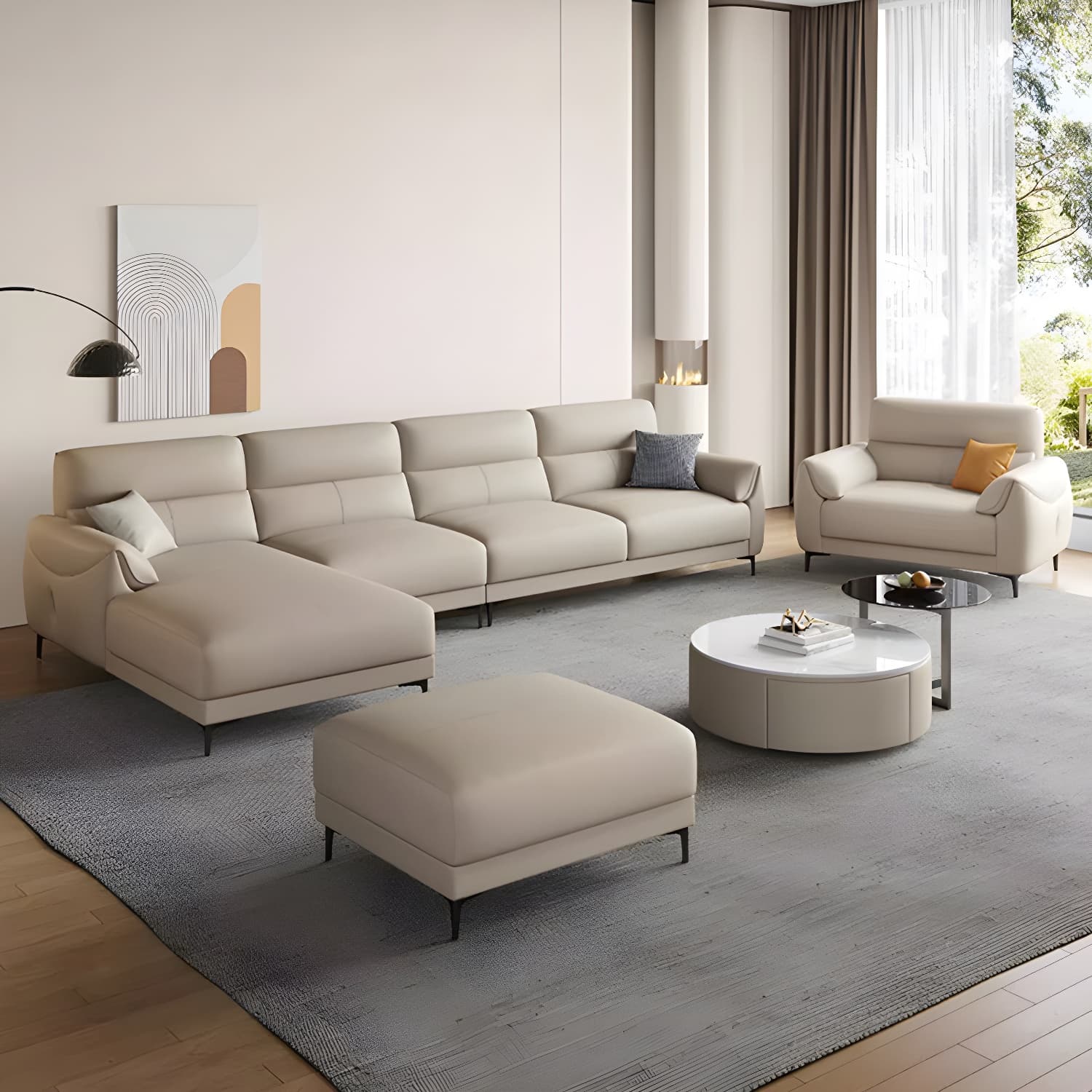 Modern Beige Leather Stationary Sectional Sofa with Pine Wood Frame