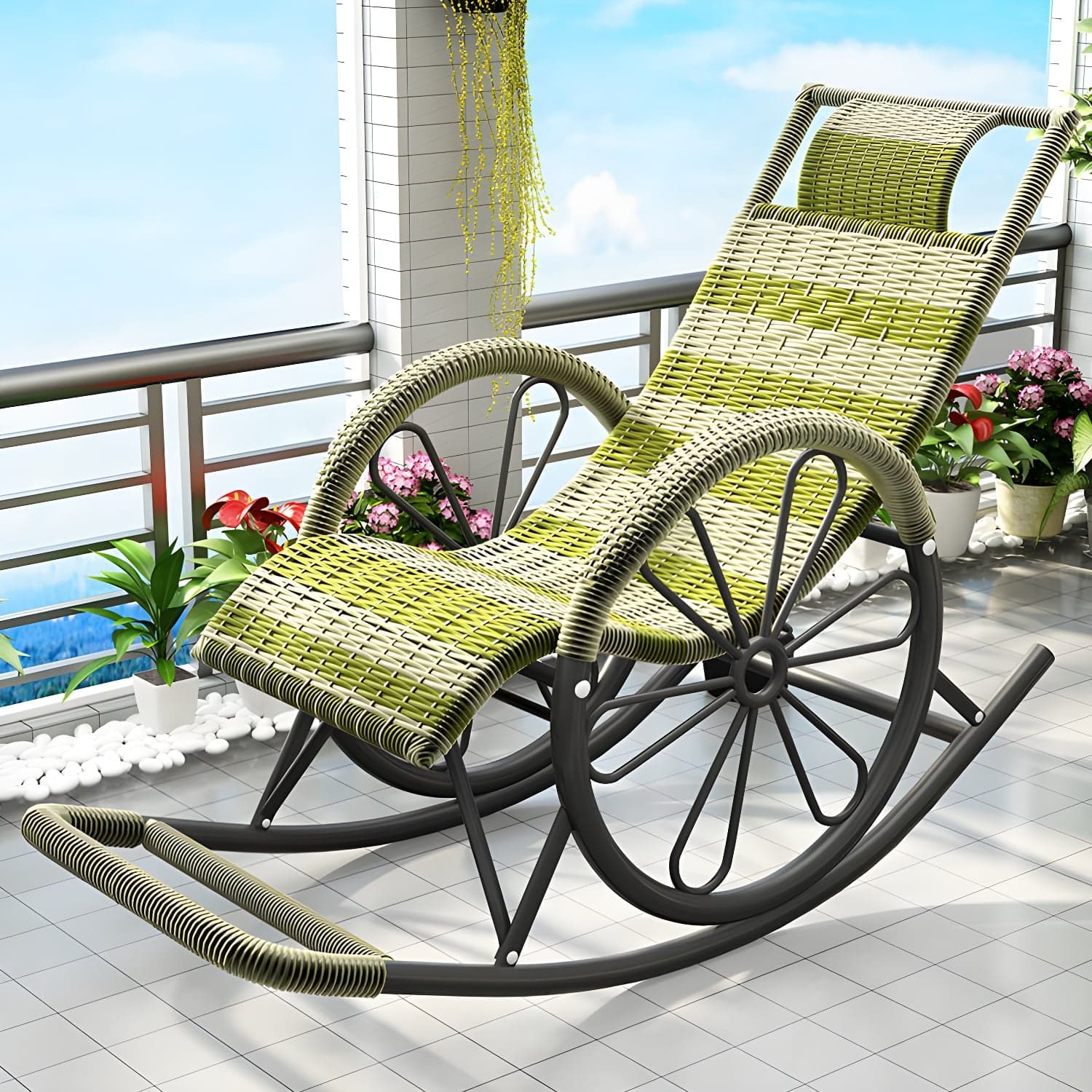 Modern Spindle Rattan Rocking Chair Metal Frame Wheel Handrail Design Rocker Chair - image 7