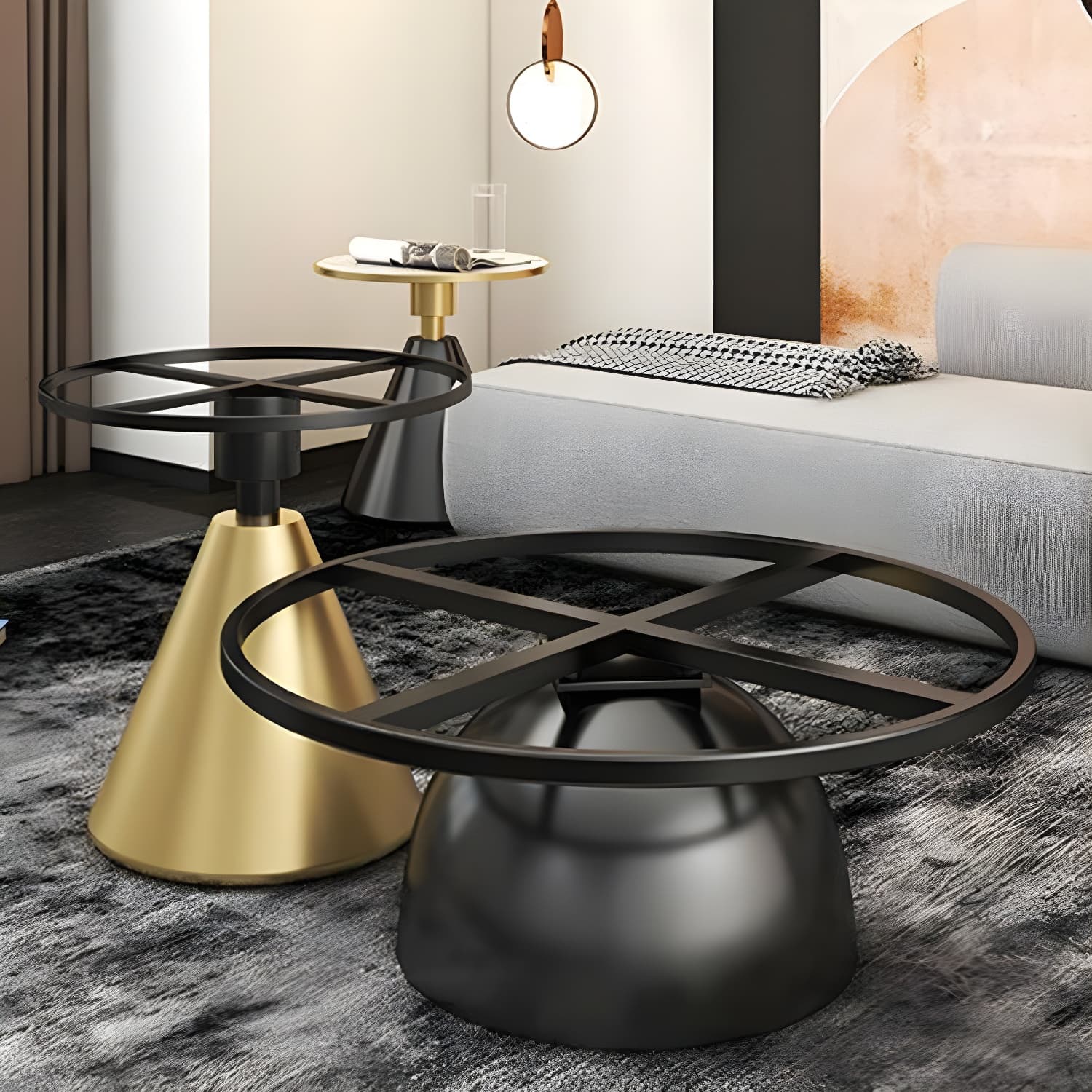 Round Stone Glam Coffee Table with Pedestal Iron Base and Built-in Storage - image 12