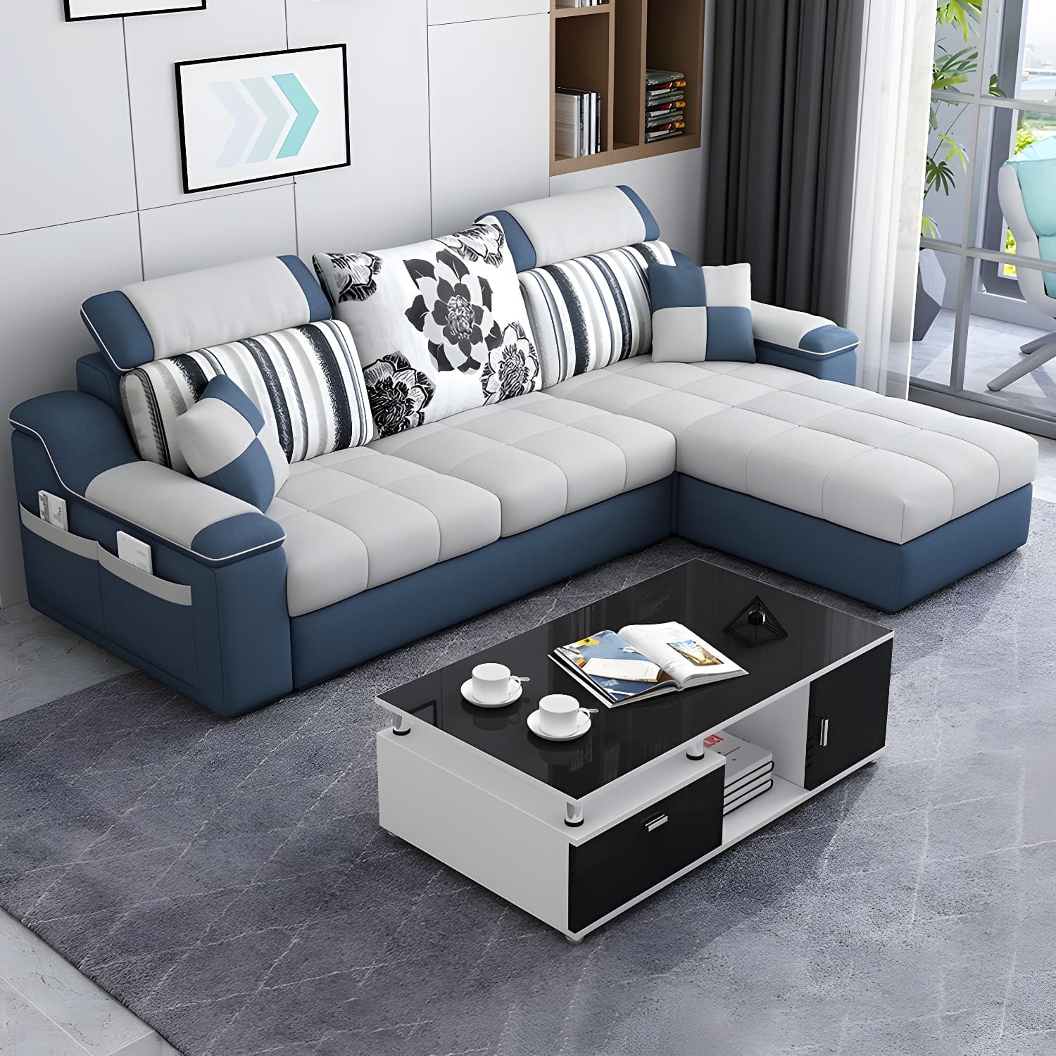 Reversible L-Shape Scandinavian Sectional Sofa with Ottoman and Adjustable Headrest in 2 Piece Set - image 13
