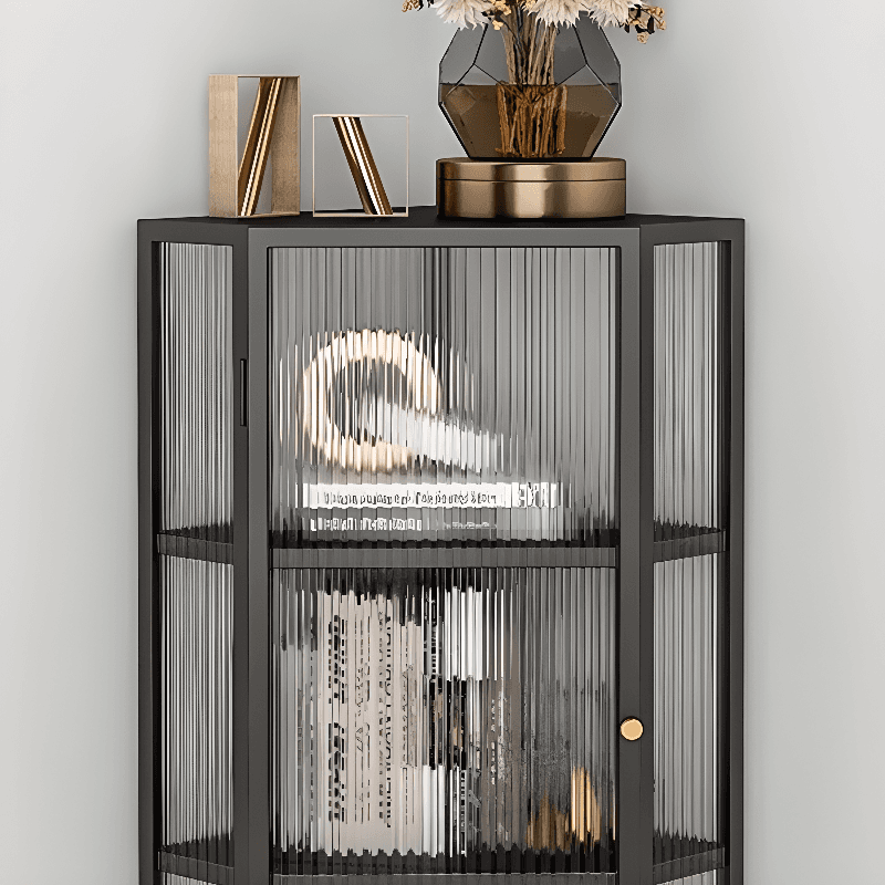Contemporary Corner Utility Cabinet with 1 Cabinet, Iron Countertop, Glass Door, Pull Knobs, and Black/White/Off White Top - image 8