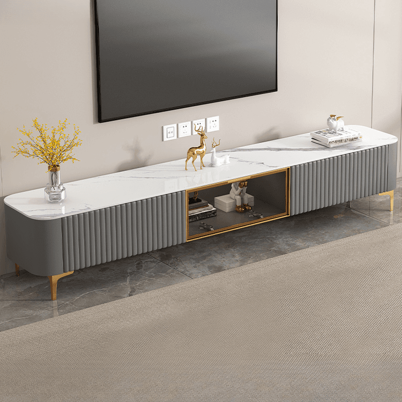 Simplistic Rectangular Vitreous TV Stand with Locker, Cable Management & 2 Drawers - image 4