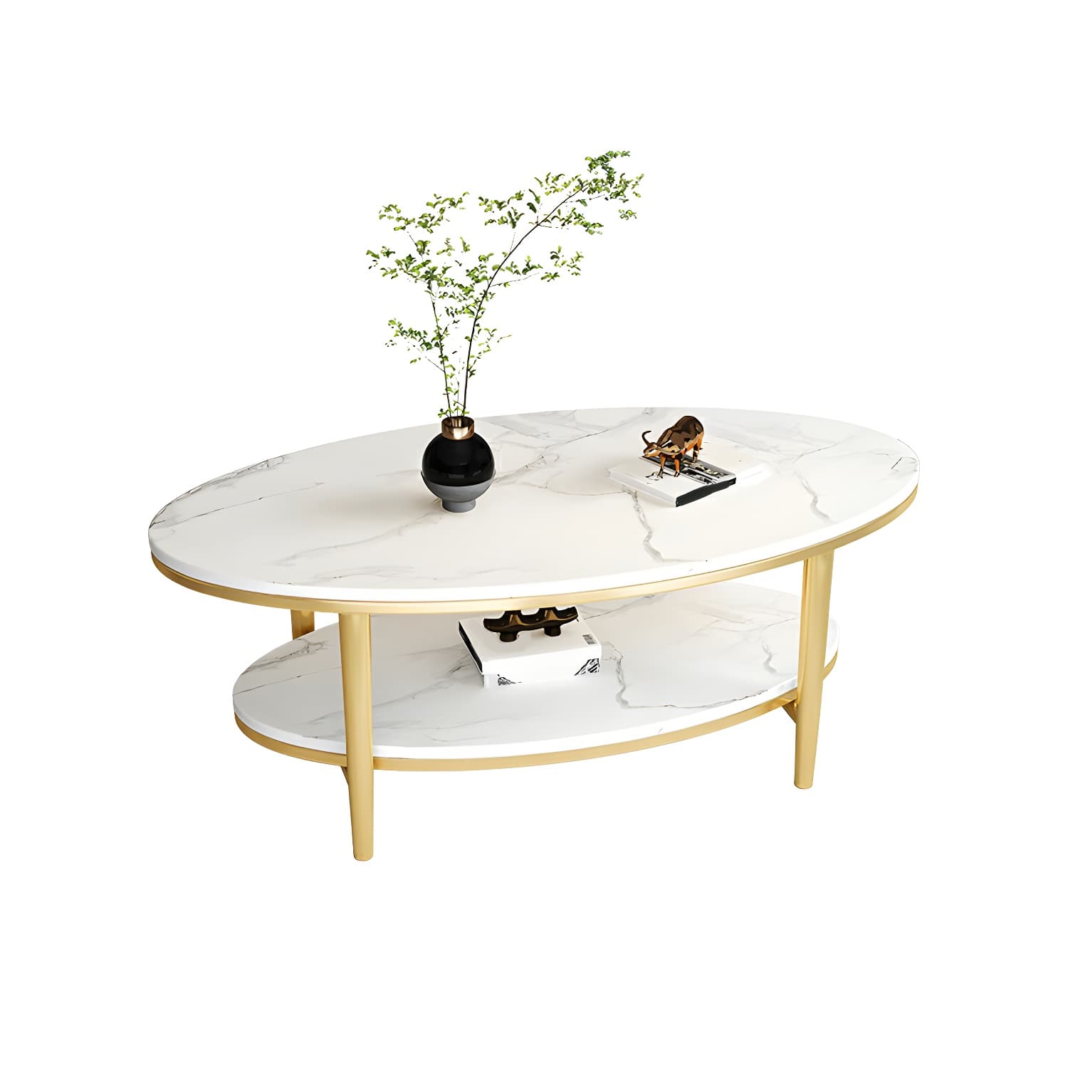 Glam Style Stone Top Oval Coffee Table with Both Shelf and Storage, Durable Iron Four Leg Base