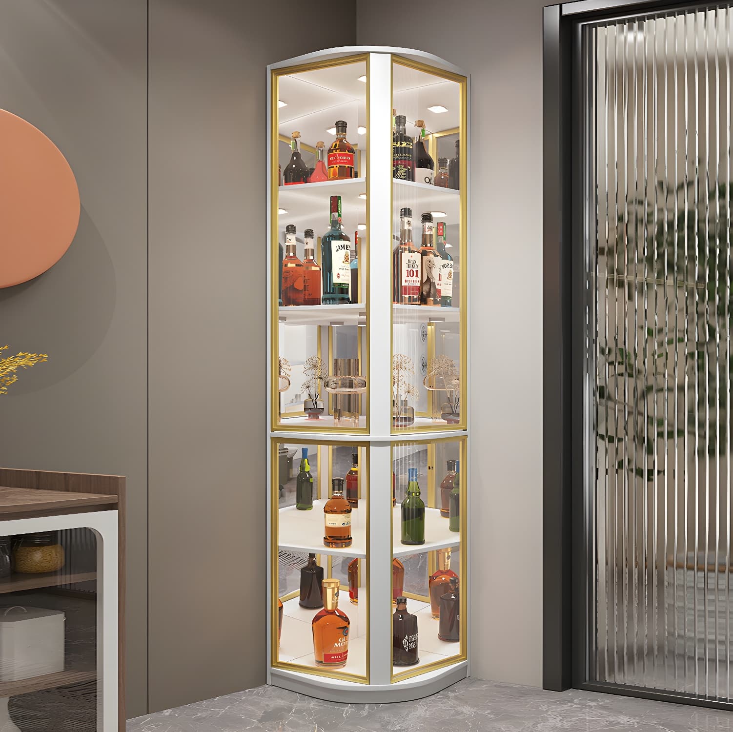 Modern Gray Corner Accent Cabinet with Glass Doors and 2 Shelves - image 3