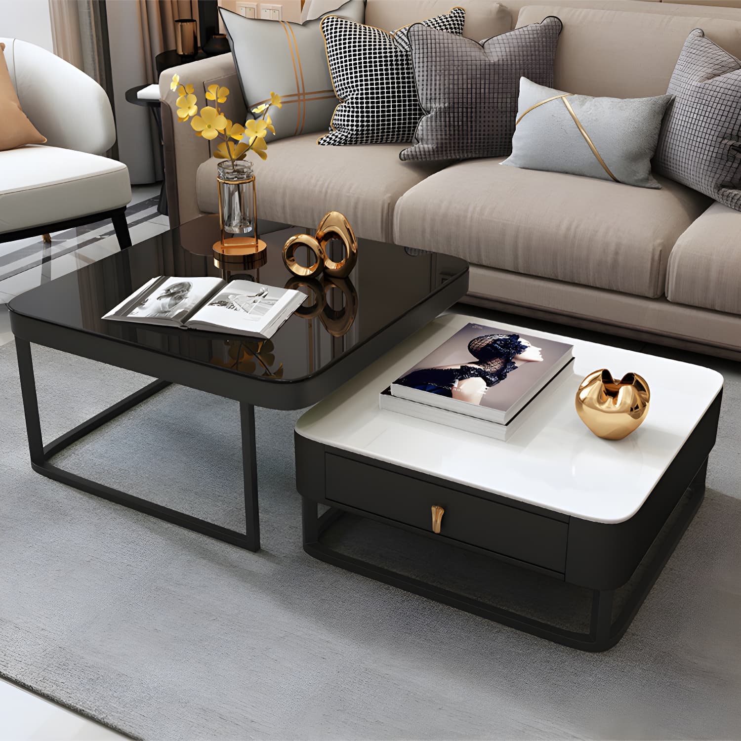 Glam Style Square Coffee Table with Drawer in Metal Frame Base