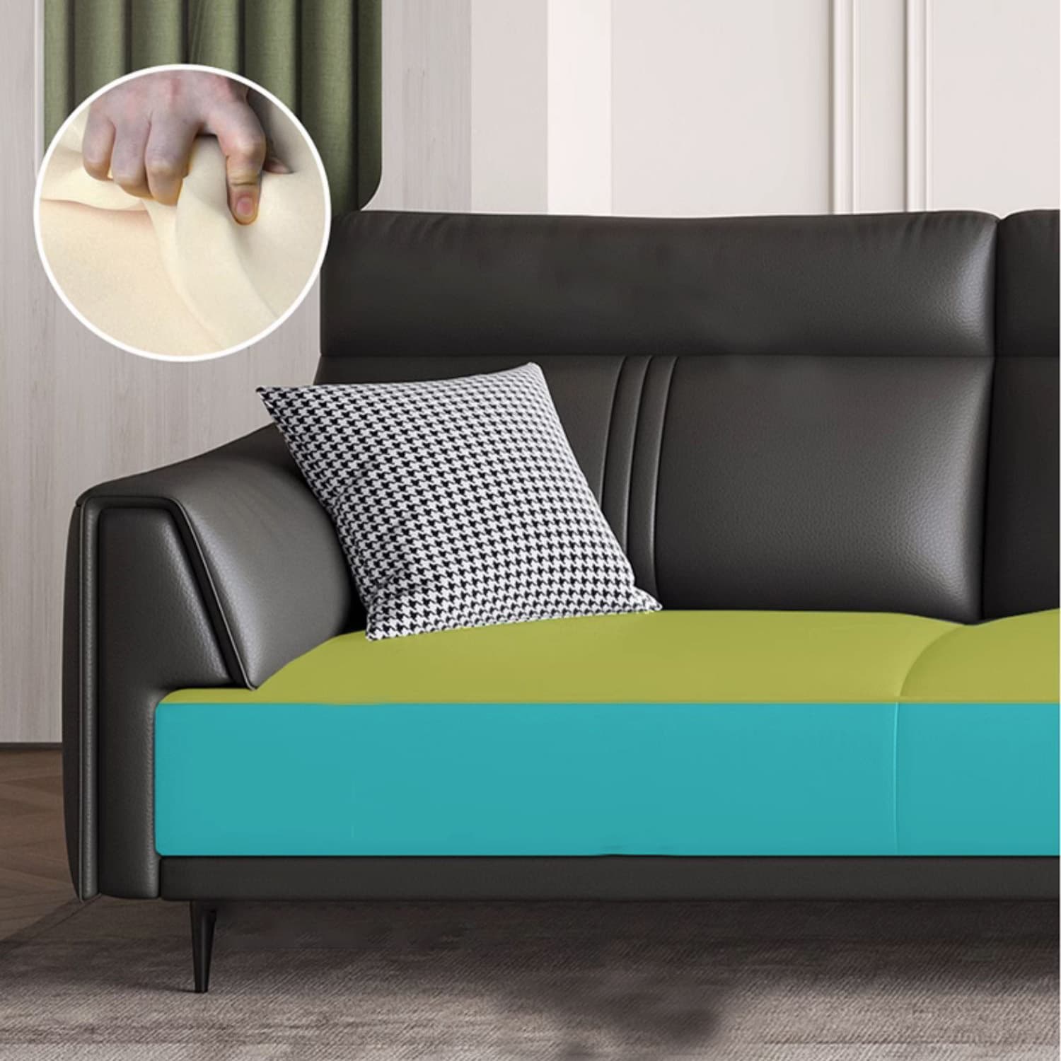 Modern Black Leather Stationary Sectional Sofa with Flared Arm and Cushion Back - image 6