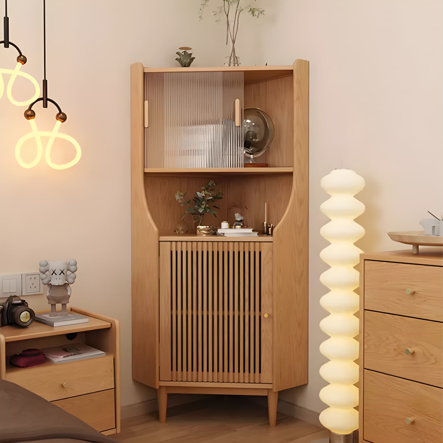 Corner Scandinavian Accent Cabinet with Wood Counter Top and Glass Doors, 2 Exterior Shelves - image 14