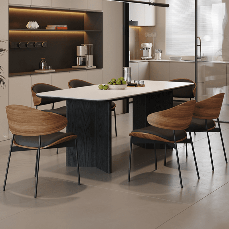Minimalist Dining Table Set with Two-sided Pedestal, Fixed Table, Padded Chair with Back, and White Table Top
