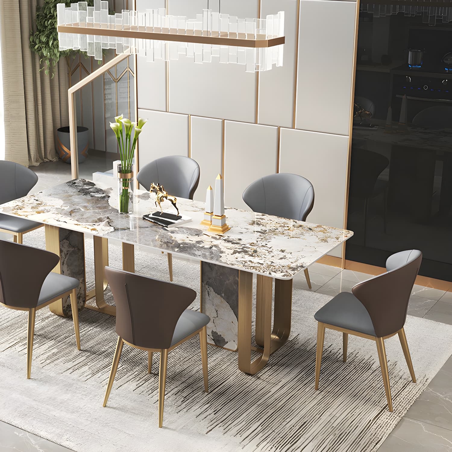 Luxury 1/2/3/5/6/7/8/9 Pieces Dining Set with Stone Dining Table and Chairs Dinette Set - image 13