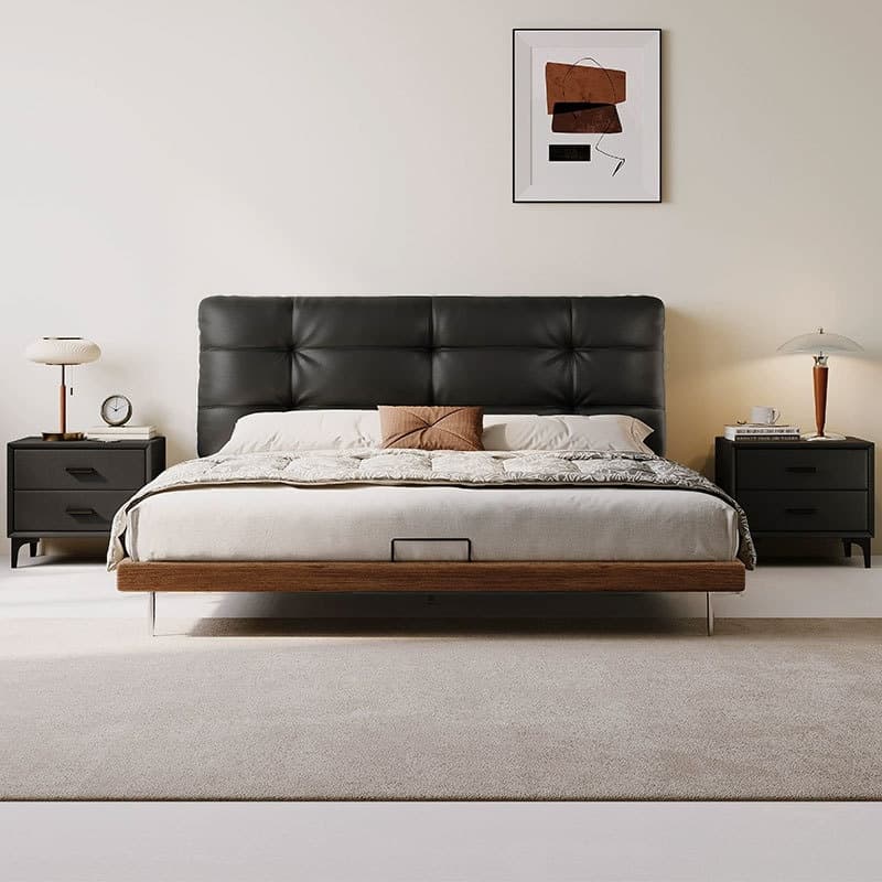 Solid Color Platform Bed with Natural Wood Frame and Button-tufted Design for Living Room