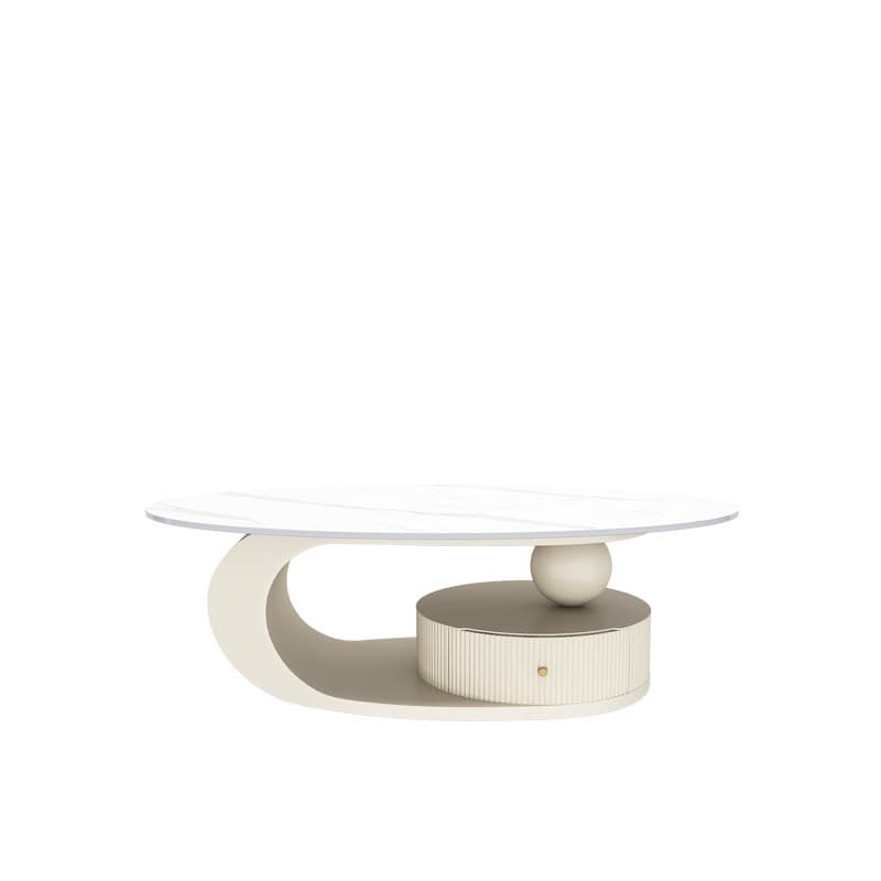 Oval White Stone Modern Coffee Table with Metal Abstract Base - image 7