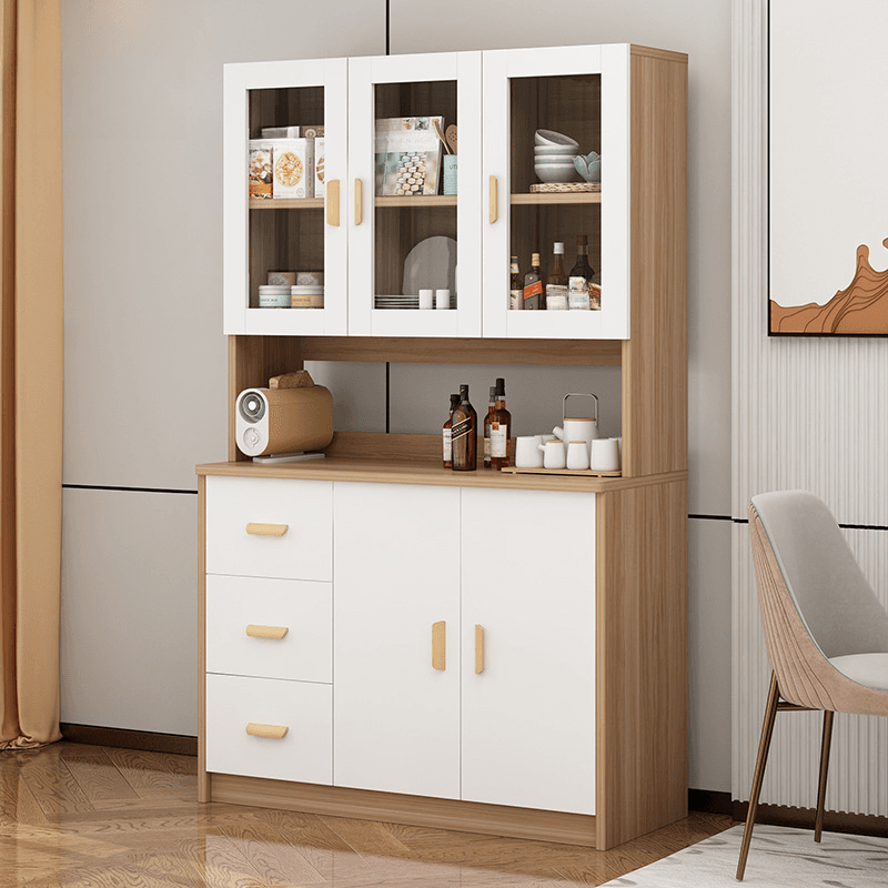 Modern Glass Doors Freestanding Wood Countertop Sideboard with Kitchen Appliance Storage - image 9