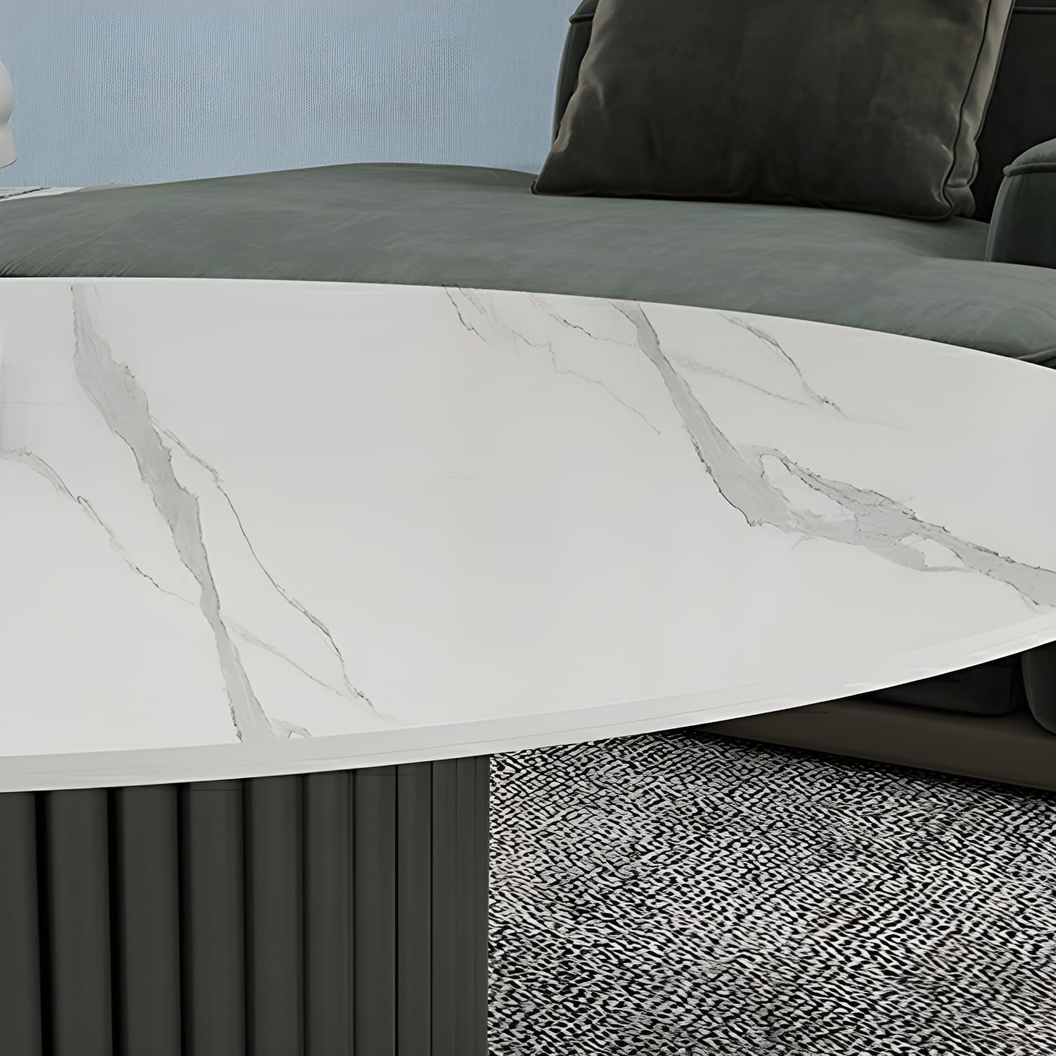 Set of Two Modern Round Black Coffee Tables with White Stone Tops and Iron Pedestal Bases - image 6