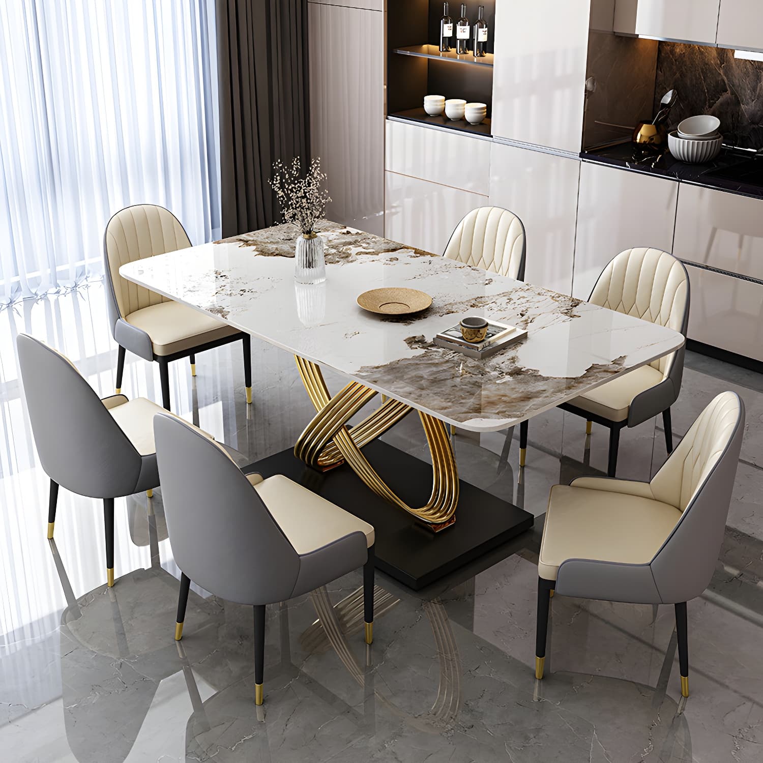 Nordic Glam Rectangle Sintered Stone Table Set 1/4/5/7 Pieces Dining Set