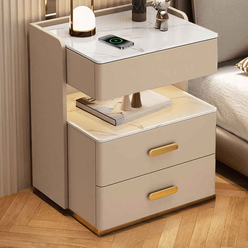 Postmodern Bedside Cabinet Nightstand with 2 Shelves and Sintered Stone Countertop