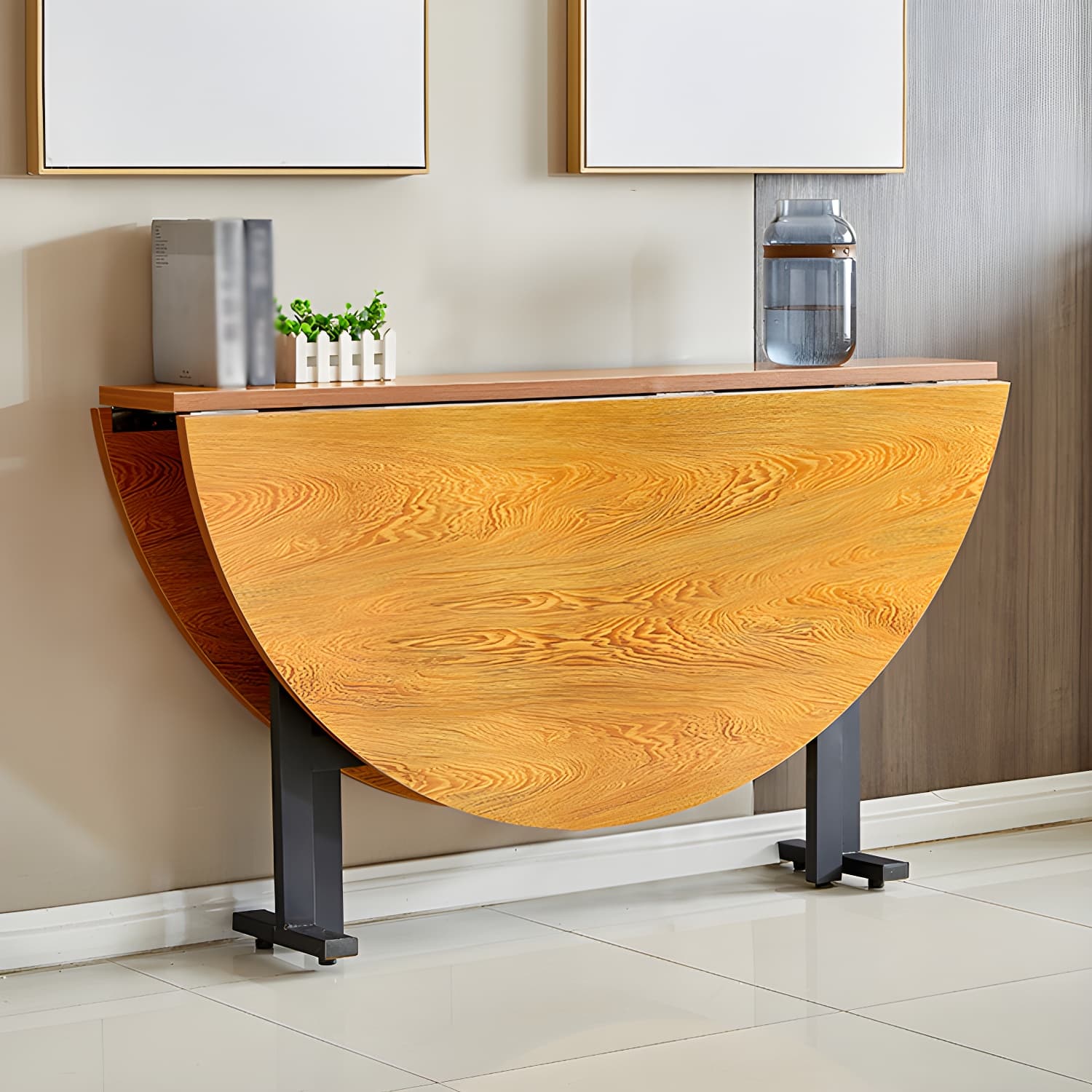 Metal Mid-Century Modern Round Table Wood Top Dining Table with Drop Leaf - image 7