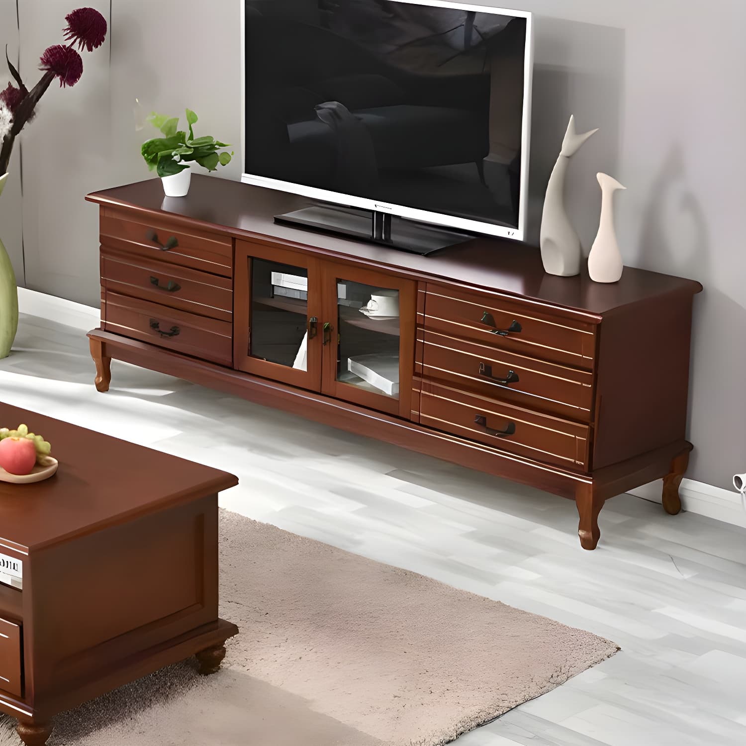 Modern 6-Drawer Solid Wood TV Stand with Glass Doors - 23.5" High - image 6
