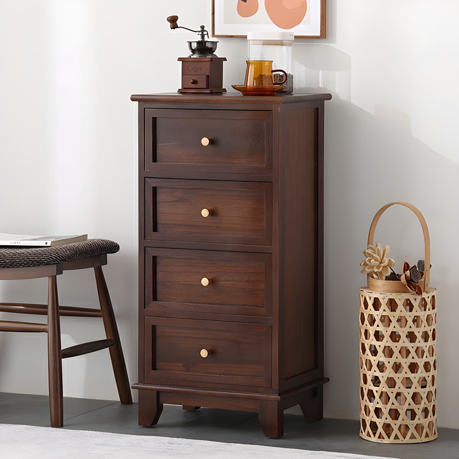 Scandinavian Wood Accent Chest with Drawers - Small Sized Rectangle Cabinet for Storage