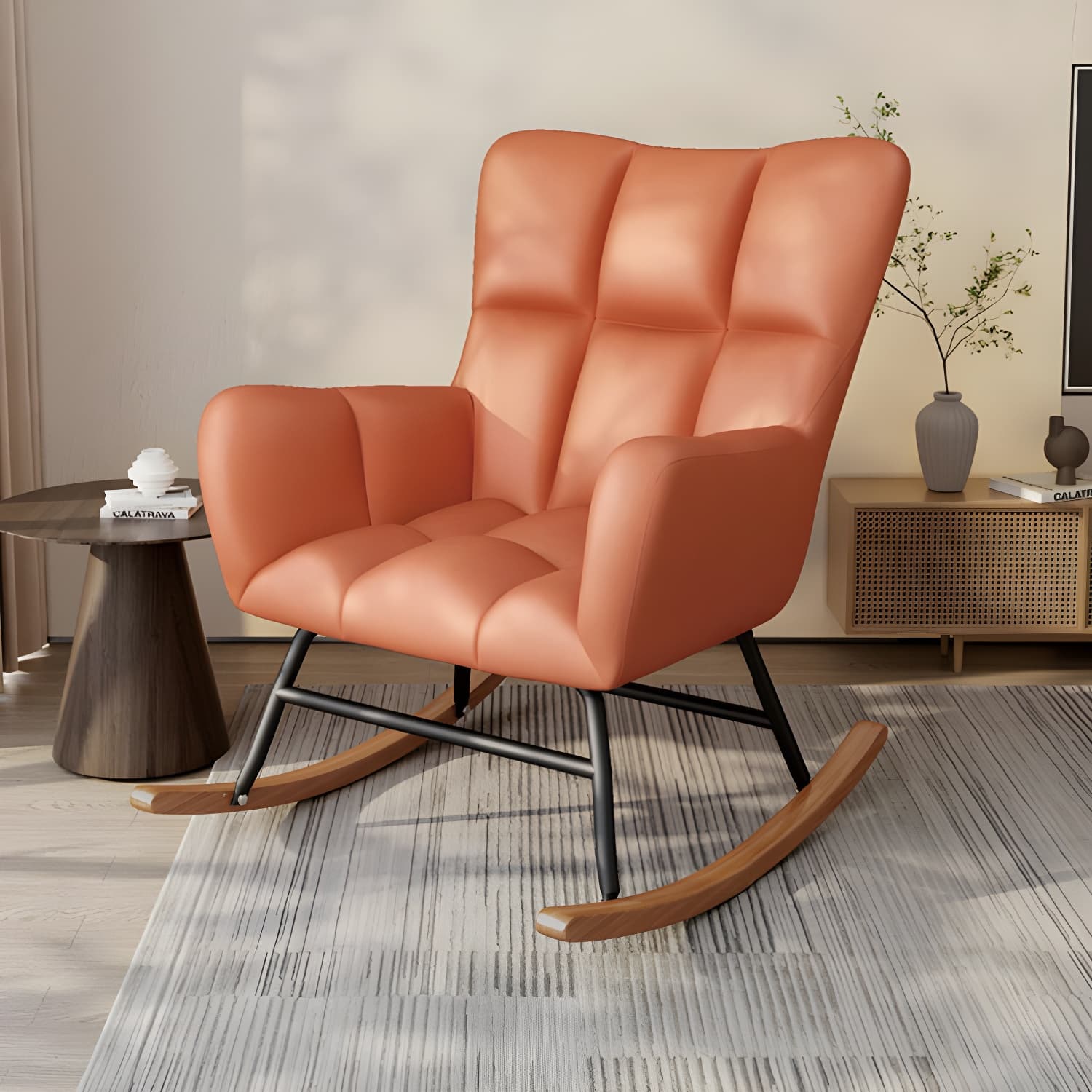 Modern Upholstered Rocking Chair for Comfort and Style - Brown Metal Legs and Track Arms - image 19