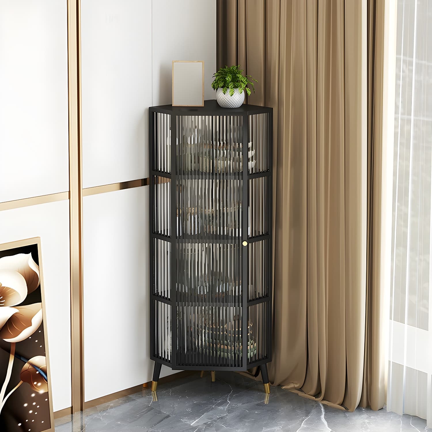 Contemporary 1-door Iron Frame Corner Cabinet with Glass Door - image 3