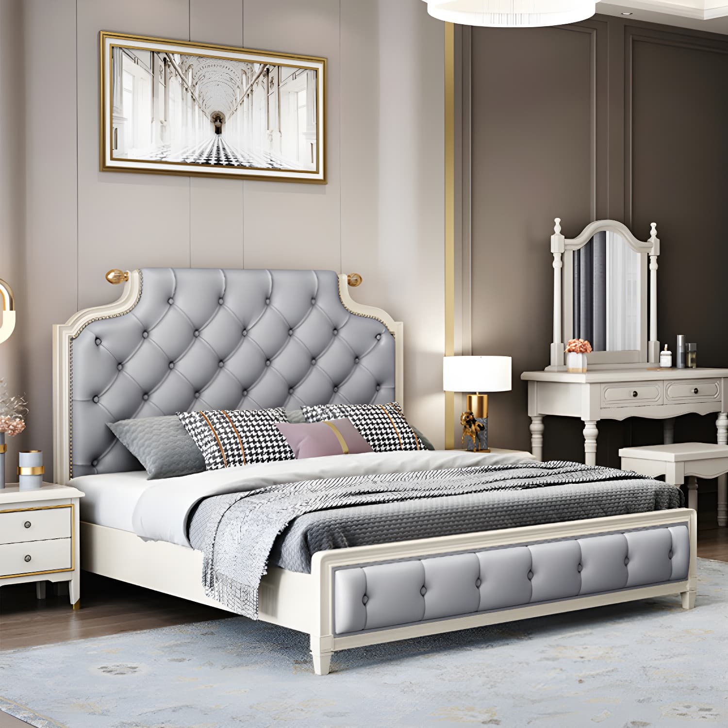 Tufted Upholstered Panel Bed with Nailhead Trim Victorian Solid Wood Bed Frame - image 4